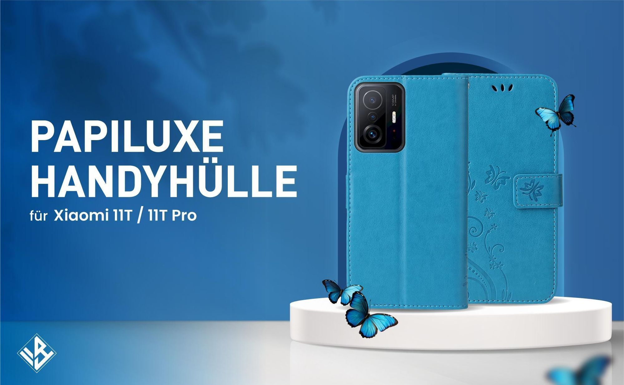 Blaue Klapphülle im Schmetterling Design für Xiaomi 11T / 11T Pro mit Wallet-Funktion