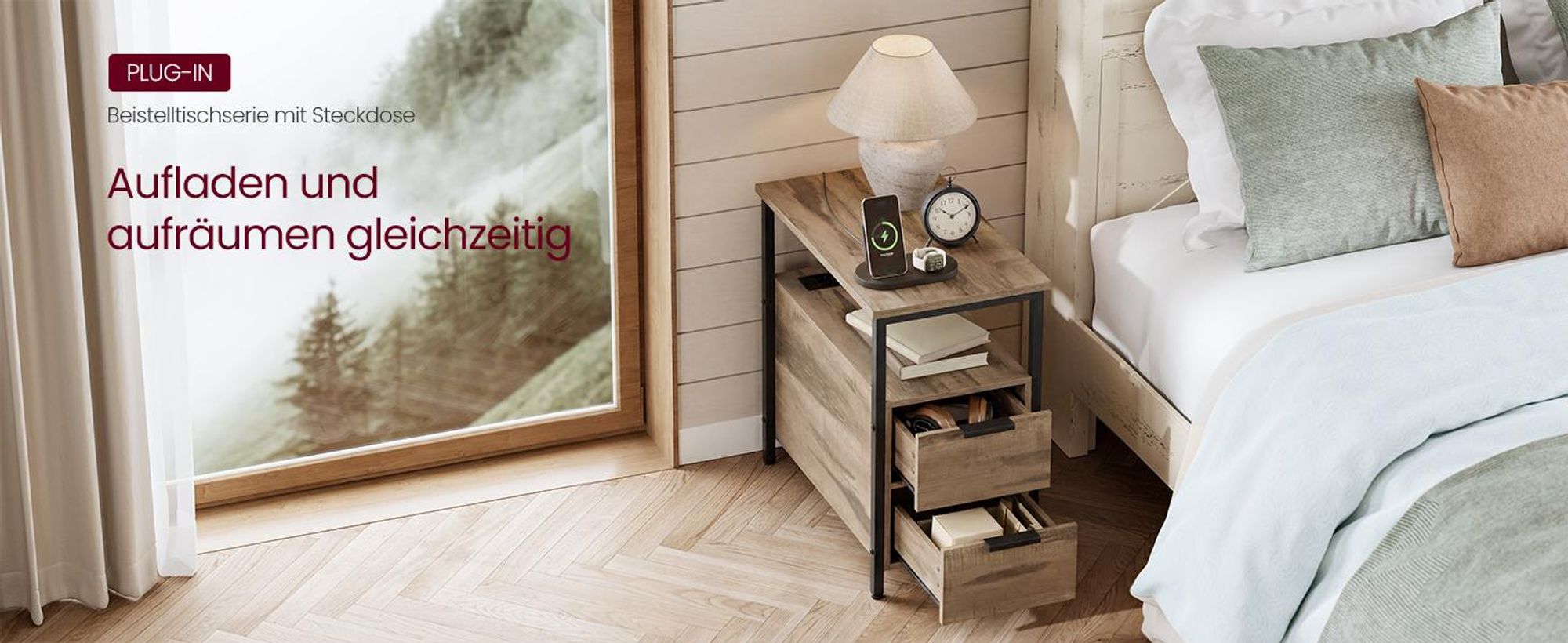 VASAGLE Beistelltisch, Nachttisch mit Steckdosenleiste, Sofatisch, Nachtschrank