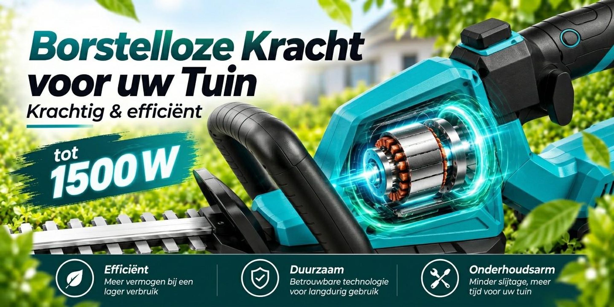 AJIEQAQ Accu-heggenschaar 21V met Brushless Motor, 1500W, 52 cm Mes, 2×4,0Ah Accu's, 360° Draaibare Handgreep, tot 26 mm Snijcapaciteit