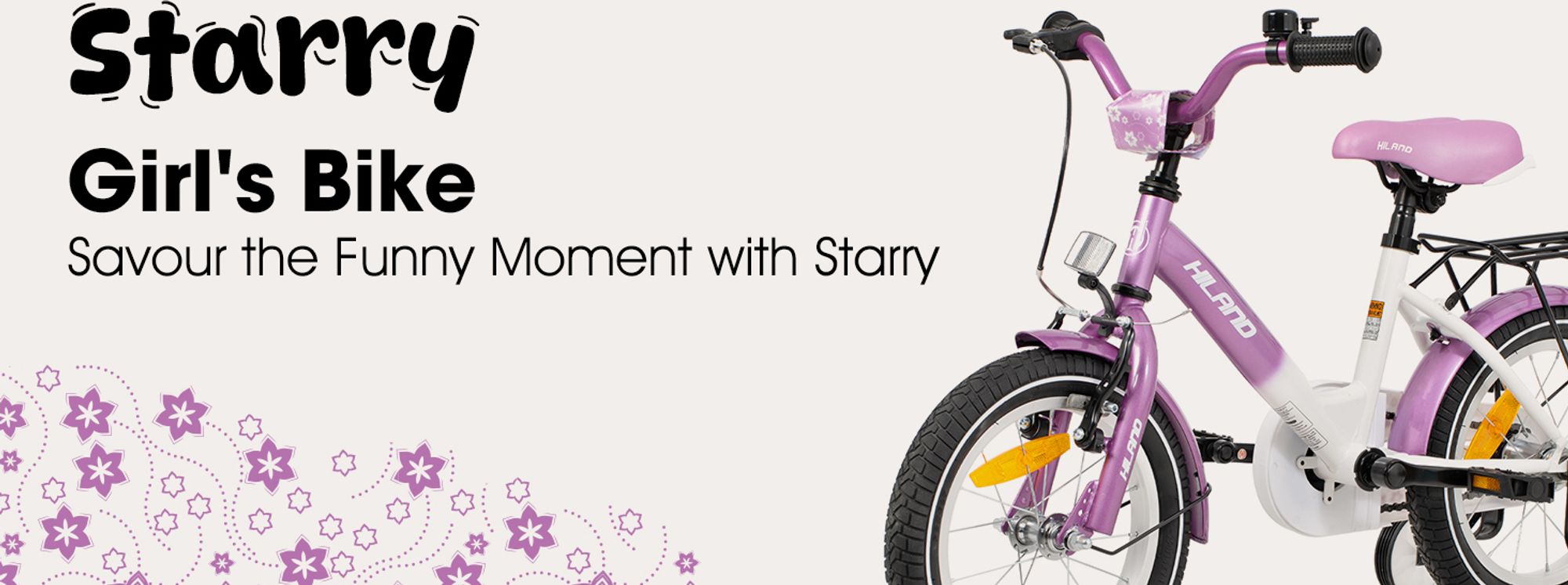 HILAND Starry 16 Zoll Kinderfahrrad für Mädchen ab 3 4 5 6 7 Jahren, mit Stützräder, Gepäckträger, Klingel, Handbremse und Rücktrittbremse, Rosa