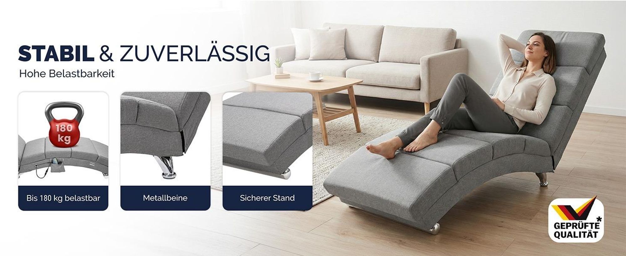 CASARIA® Relaxliege XXL Massage Heizfunktion 186x89x55cm Ergonomisch Stoff Gepolstert 180kg Belastbarkeit Wohnzimmer Innen Chaiselongue Relaxsessel Grau