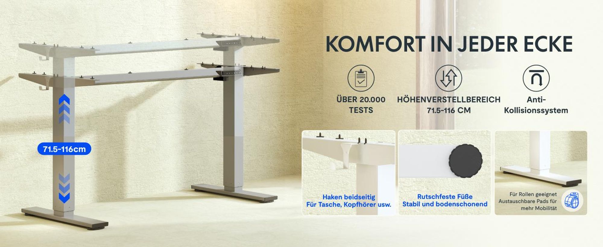 FlexiSpot EN1 Höhenverstellbarer Schreibtisch Gestell mit 2 Haken und Höhenmemory-Funktion&LED-Höhenanzeige,Elektrisch Tischbeine (Grau)