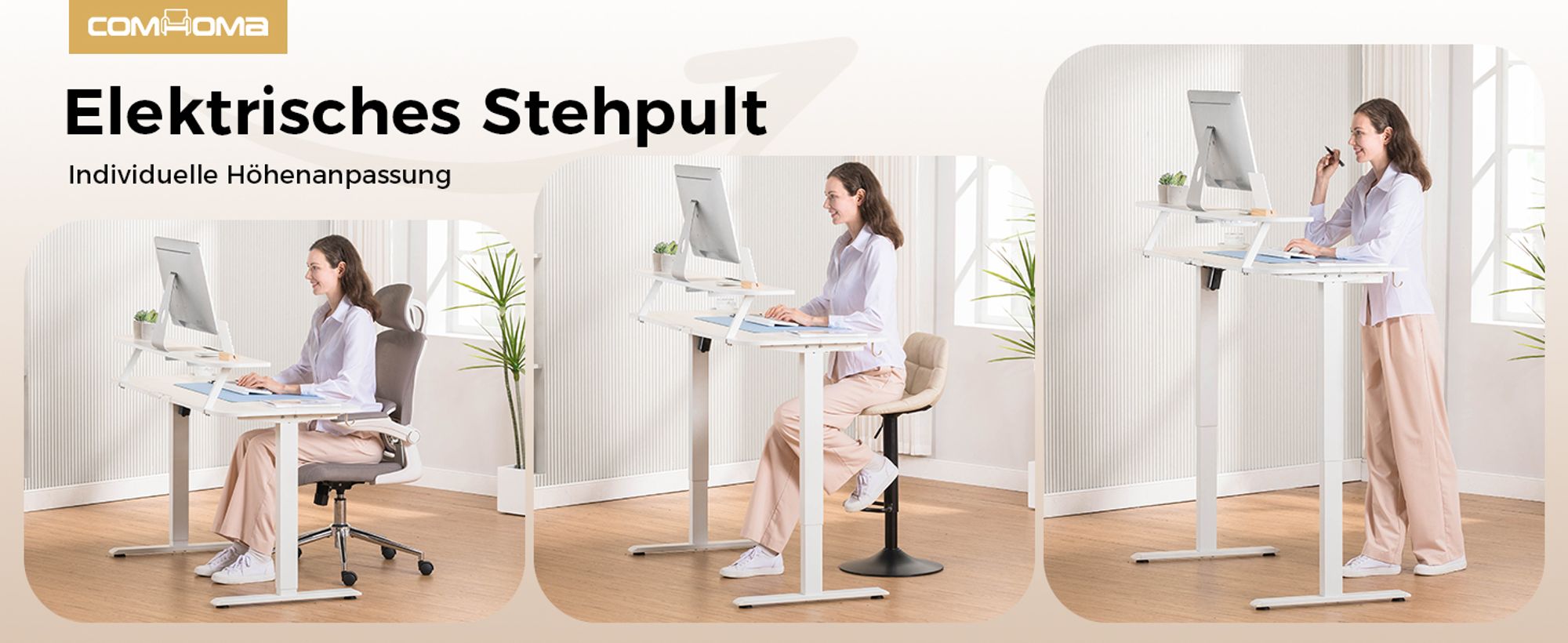 COMHOMA Schreibtisch Höhenverstellbarer Schreibtisch Elektrischer, 120x60cm elektrischer mit Schubladen, Monitorständer, Tablet-Ständer und Mauspad