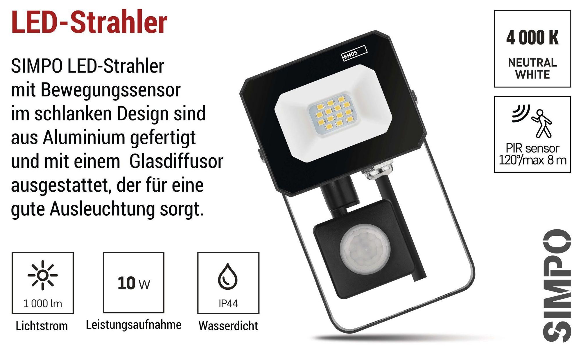 EMOS LED Strahler SIMPO 10 W mit Bewegungsmelder, für Außen, superhell 1000 lm, Neutralweiß 4000 K, Lebensdauer 25000 St., ZS2313