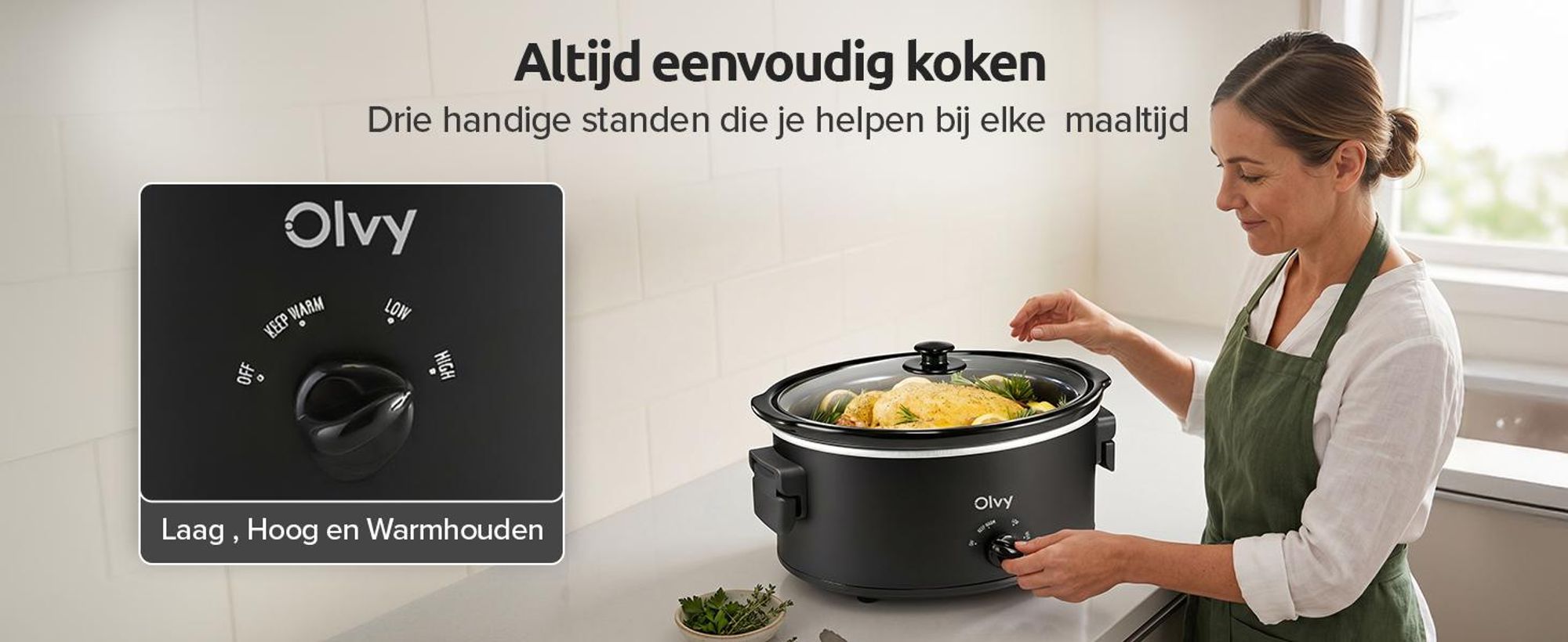 Olvy Slow Cooker 6L – Slowcooker met keramische binnenpan – Warmhoudfunctie – inclusief kookboek