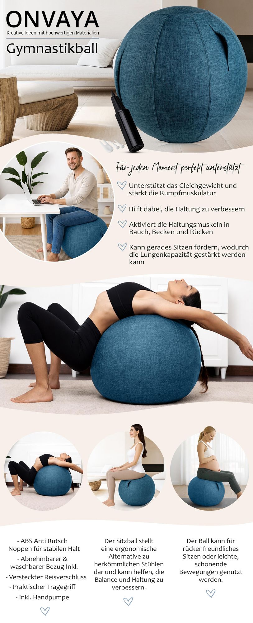 ONVAYA® Gymnastikball 65cm mit Bezug | Rutschfester Yoga-Ball | Stabiler Sitzball für ergonomisches Sitzen | Fitnessball& Schwangerschaftsball Seeblau