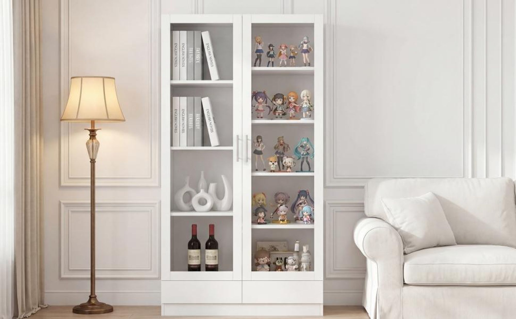 Merax Glasvitrine Vitrinenschrank Mit Glastüren, Hochschrank Mit 2 Schubladen, Aktenschrank, Standschrank Für Wohnzimmer Büro, Schlafzimmer, Weiß
