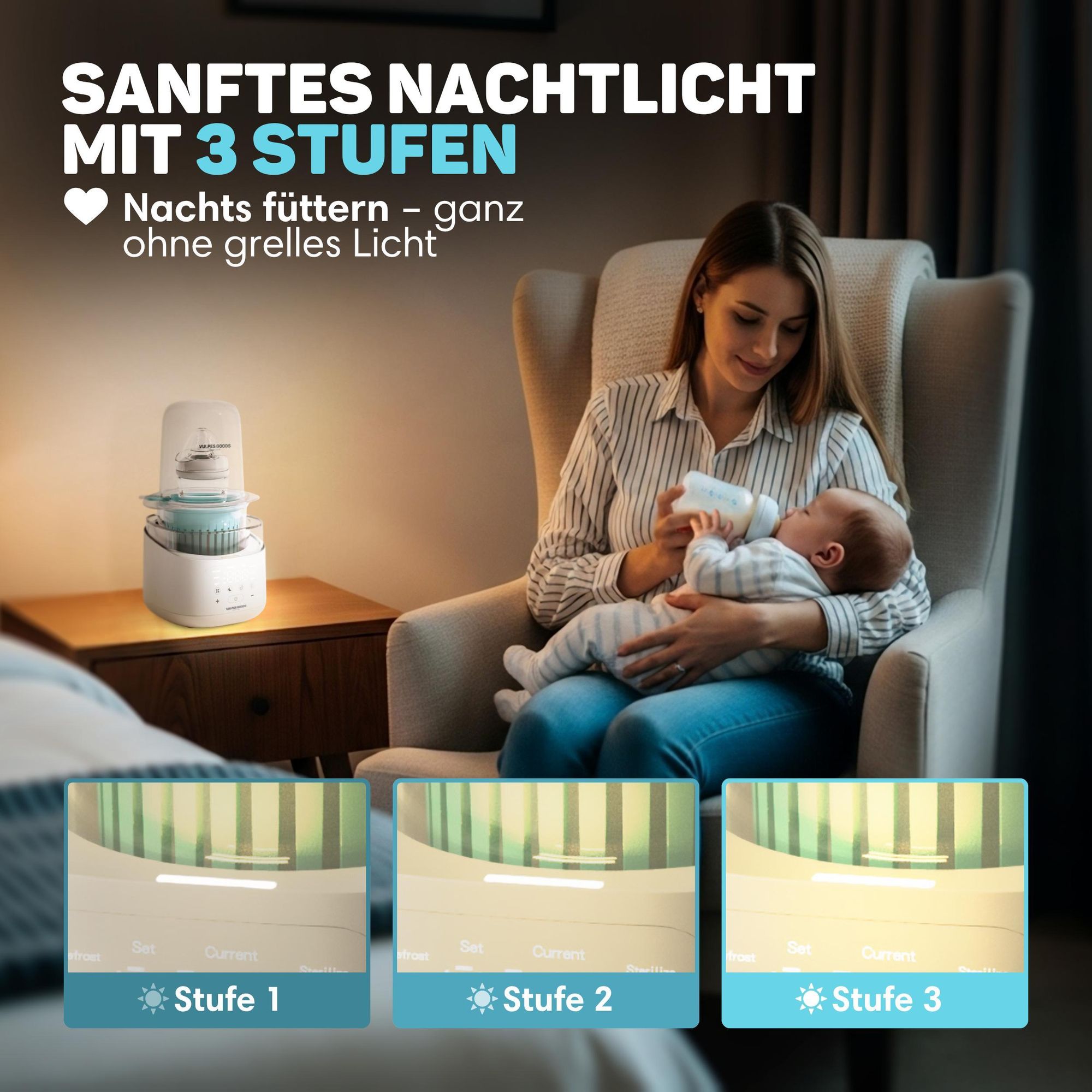 Vulpes Goods Flaschenwärmer 10-in-1, 24 Stunden warmhalten, Auftauen & Sterilisieren – Flaschenwärmer mit Nachtlicht – Sterilisator mit Dampfhaube