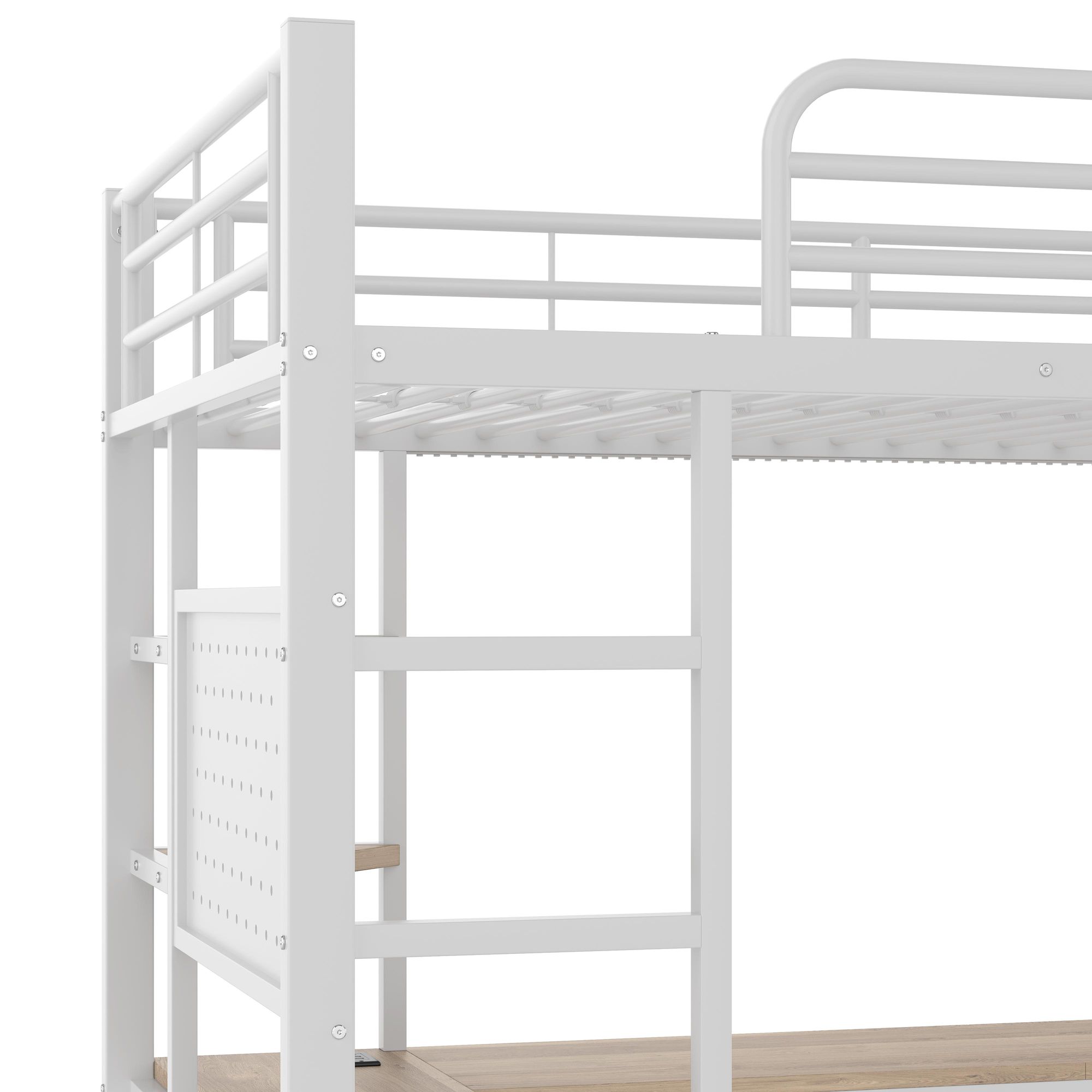 Merax Etagenbett Hochbett 90x200 cm, mit Schreibtisch, Lochbrett, Ablagen, Eisenbett mit LED-Leiste, USB & Type-C, Kinderbett, Stockbett, Weiß