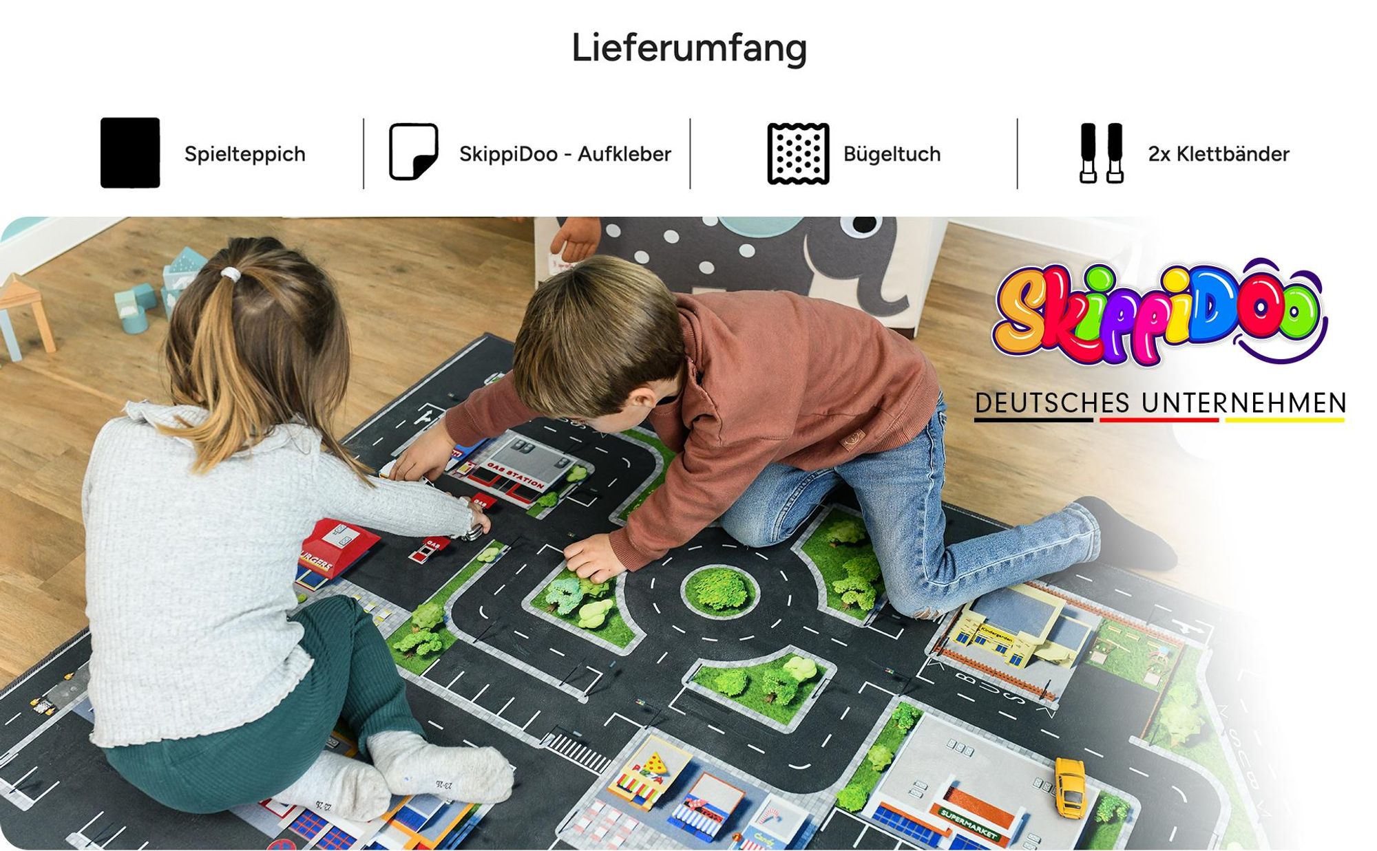 SkippiDoo Kinder Spielteppich Straßenteppich (160x120 cm) - rutschfest & -zertifziert - Teppich Jungen & Mädchen Kinderzimmer, Kinderteppich