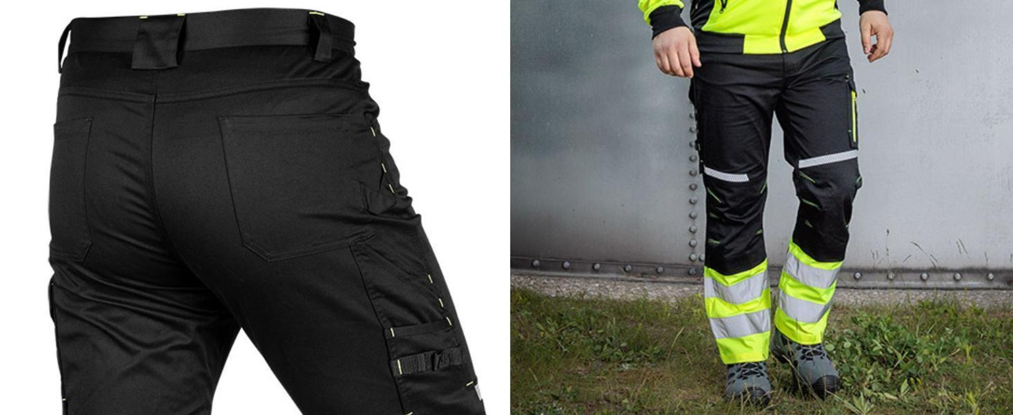gelb-schwarze Arbeitshosen, Hosen mit fluoreszierenden Elementen, Twill-Hosen, Baumwollhosen,