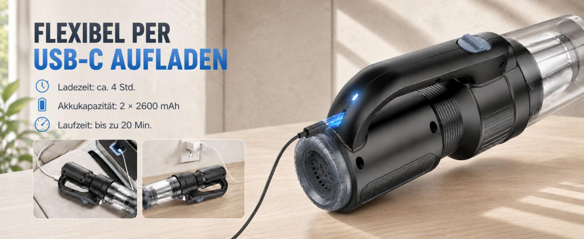 Akku-Staubsauger, 8000Pa Saugkraft,Stielstaubsauger, 6-In-1 Kabelloser Staubsauger, LED Handstaubsauger, Tragbarer Staubsauger,Für Harte Böden Teppich