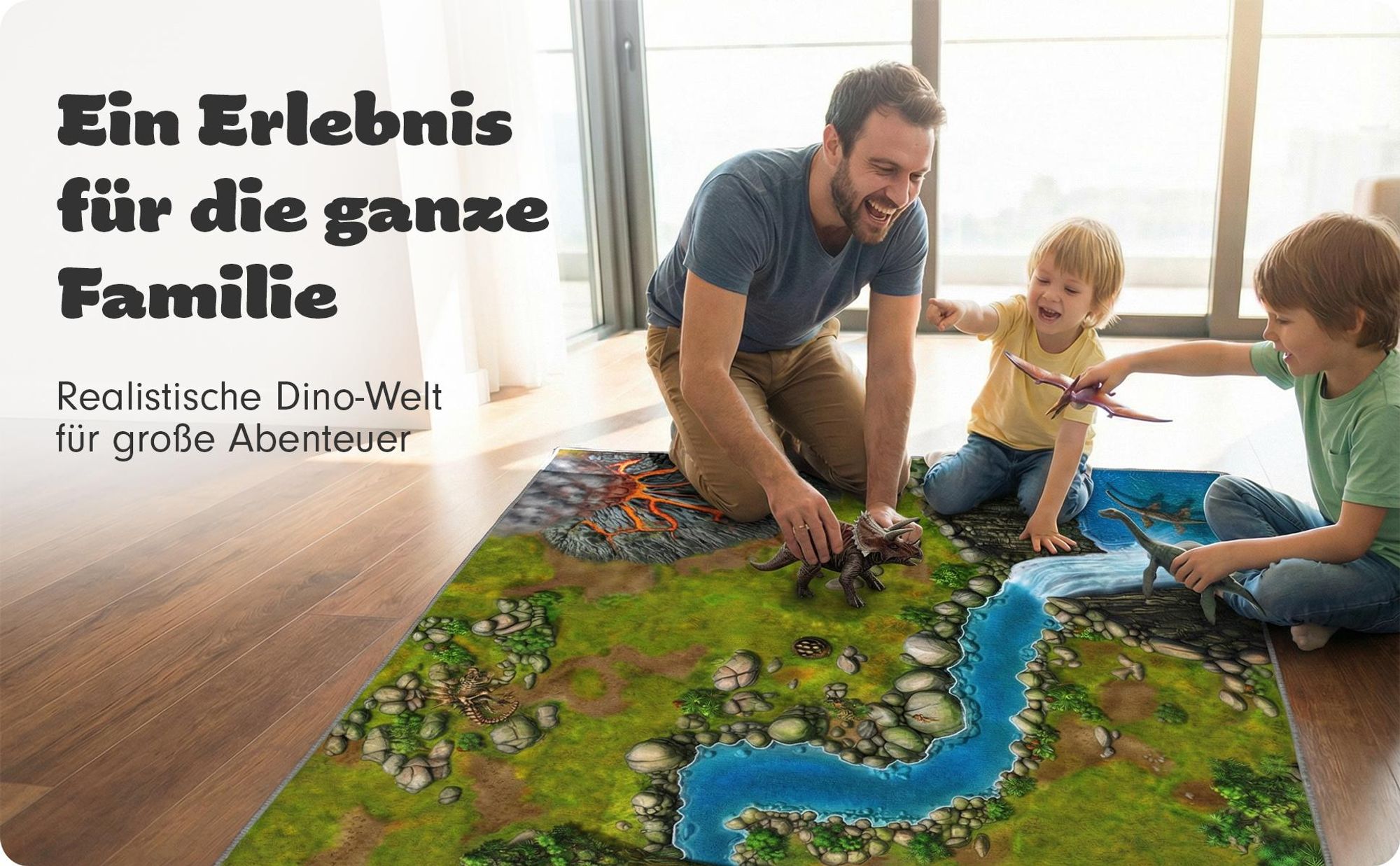 Spielteppich Dinoworld Größe: 160cm x 120cm - Teppich Jungen & Mädchen Kinderzimmer, Kinderteppich für z.B. Schleich®, CollectA® Figuren