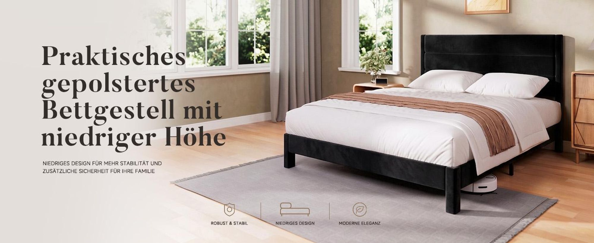 Doppelbettgestell 140x200 cm Polsterbett mit dreiteiligem Kopfteil Metallrahmen Stahl Stauraum unter dem Bett Plattformbett geräuschlos Schwarz