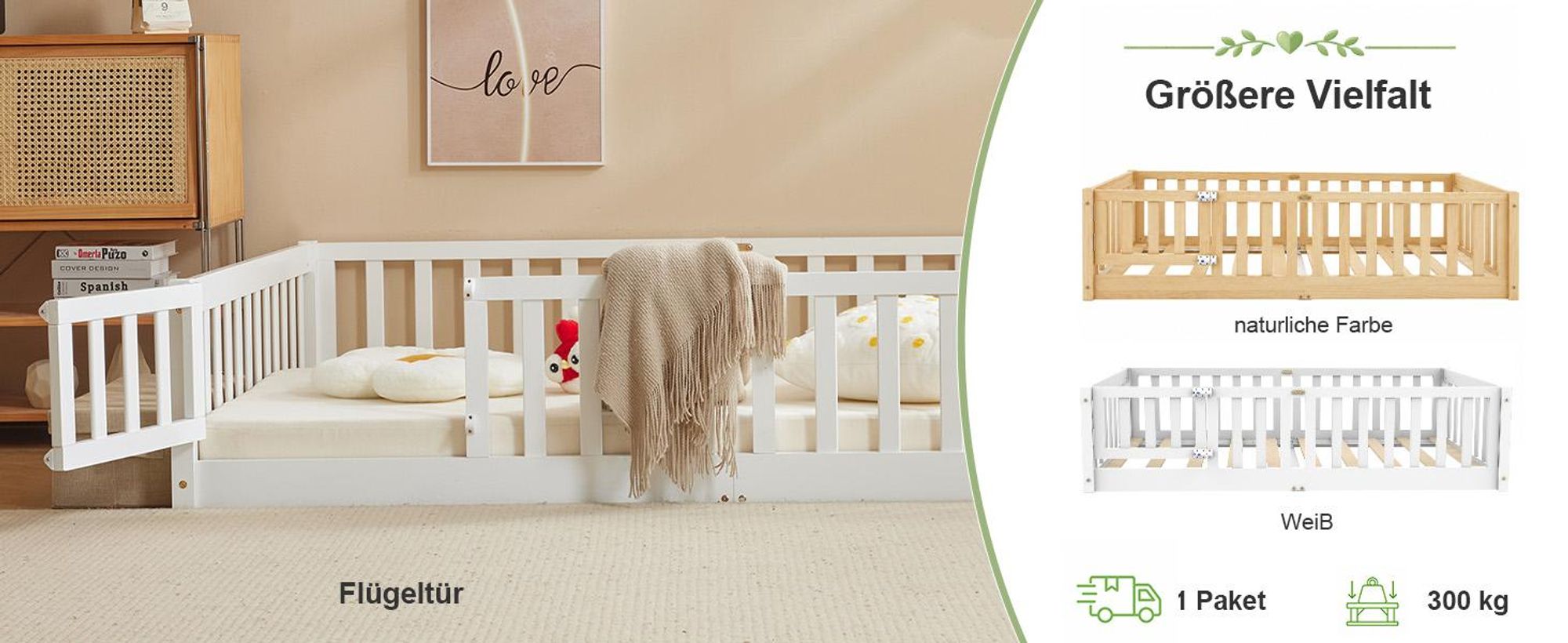 FCH Kinderbett mit Rausfallschutz & Lattenrost, 80x160cm, Montessori Bodenbett mit seitlichem Ausstieg, Einzelbett für Jugendzimmer, Weiß