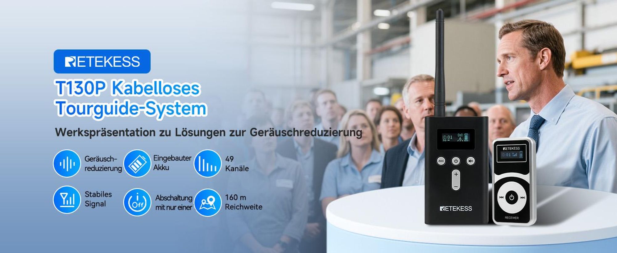 Retekess T130P Kabelloses Tour Guide System, Verbesserte Geräuschreduzierung, 160m,Typ-C Aufladung,Audiosystem mit 64-Steckplatz-Ladebox für Tourismus
