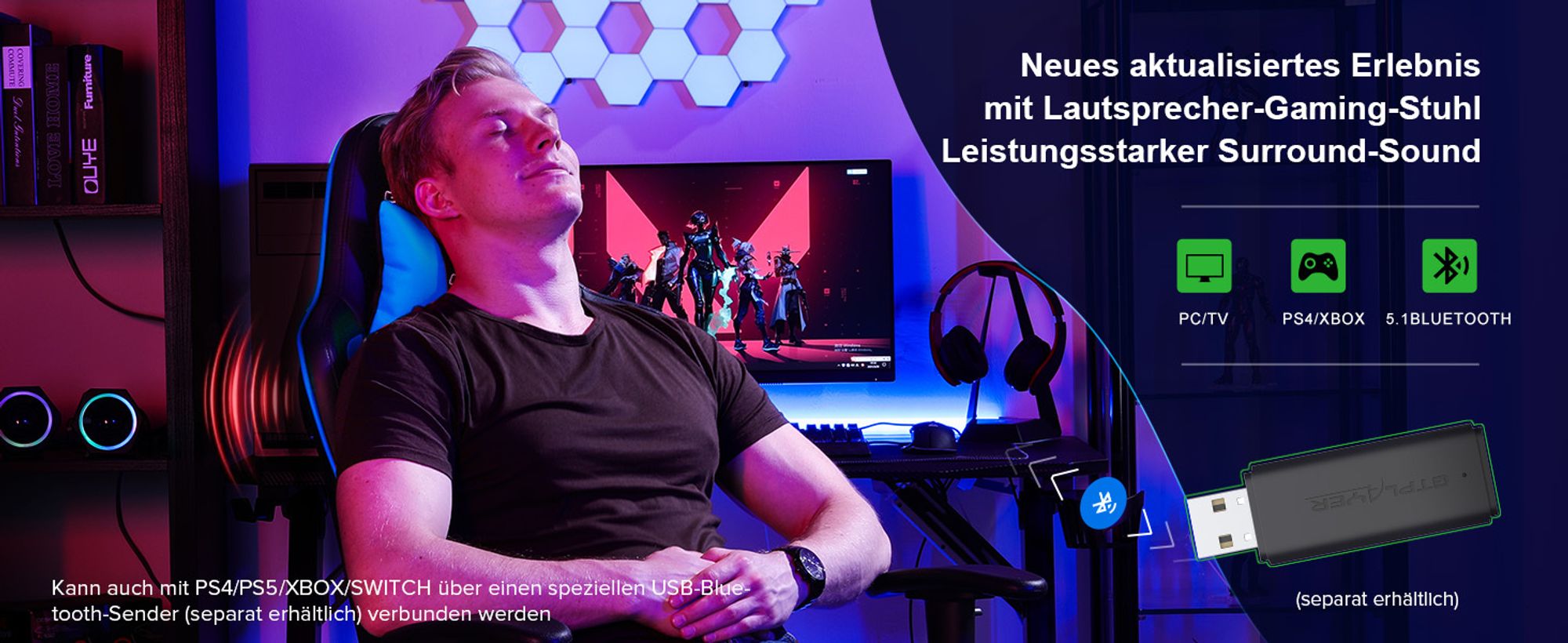 GTPLAYER Gaming Stuhl Mit Bluetooth Hi-Fi Stereo Musik Lautsprecher, Bürostuhl Schreibtischstuhl, Ergonomisches Design Multi-Funktion(schwarz-blau)