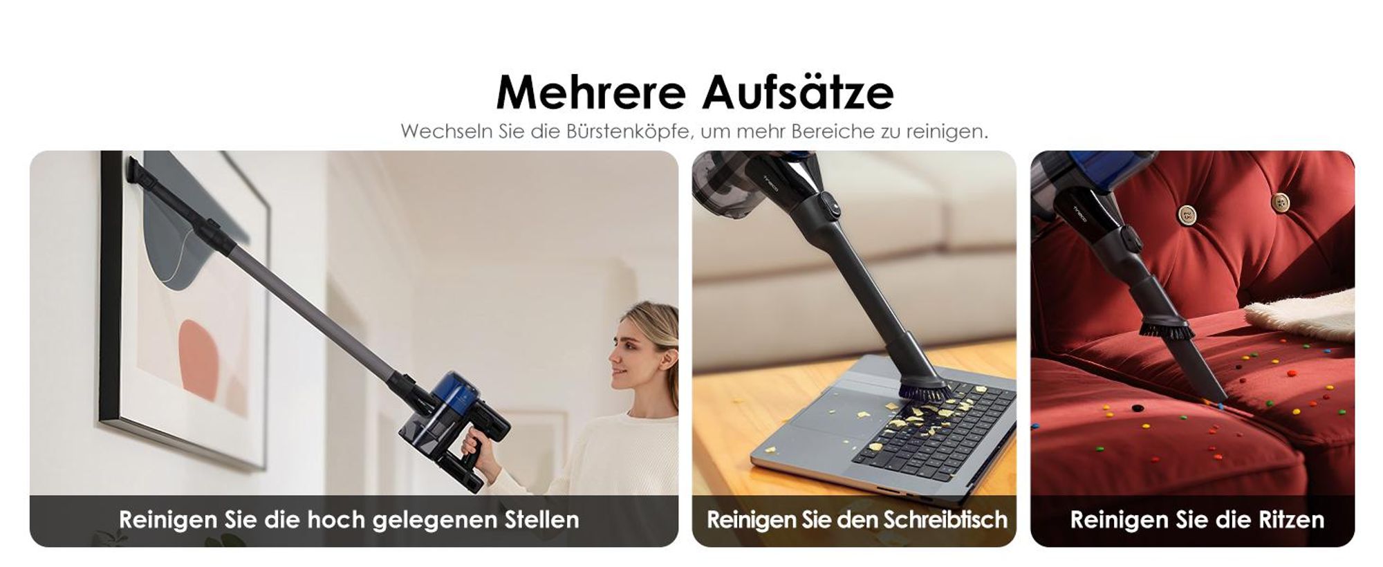 Mehrere Aufsätze Wechseln Sie die Bürstenköpfe, um mehr Bereiche zu reinigen.