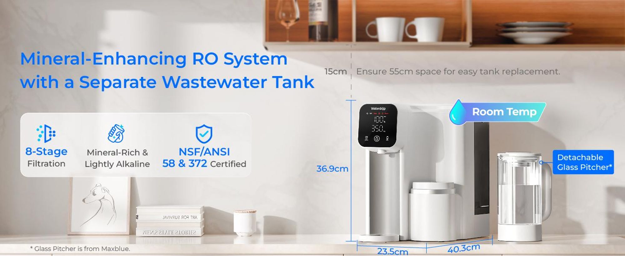Waterdrop M6SL Mineralisiertes Auftisch Osmoseanlage, Raumtemperatur | Glaskaraffe, 8-Stufen-Filtration, 3:1 Rein- zu Abwasser, NSF/ANSI 58 & 372 , BPA-frei