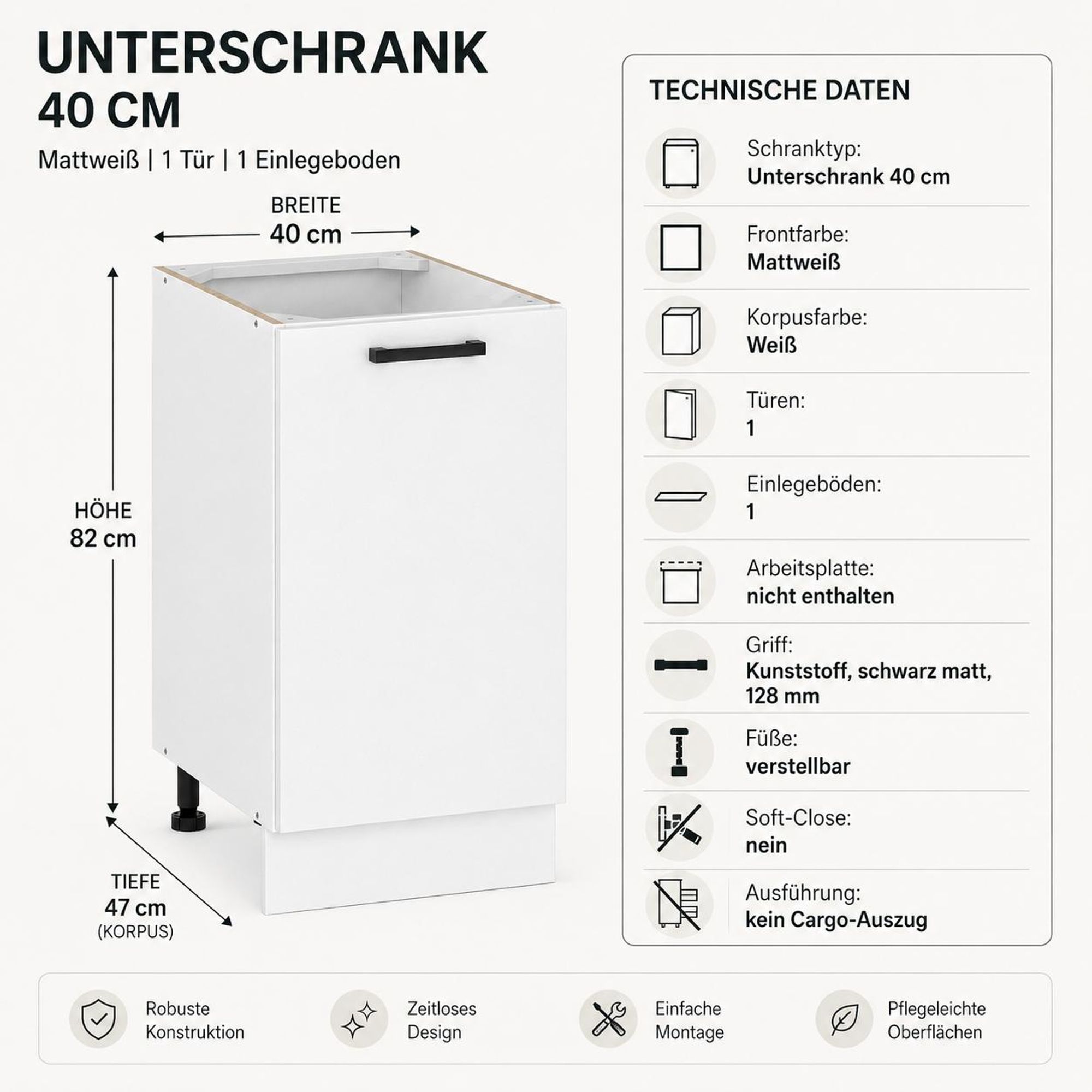 Küchenunterschrank 40 cm Mattweiß: Maße 82 cm Höhe, 47 cm Tiefe & technische Daten.
