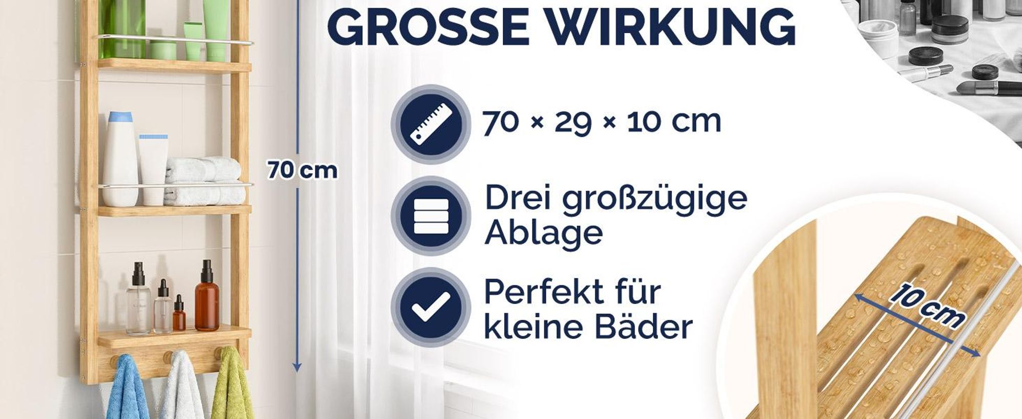 CASARIA® Duschregal Zum Hängen 3 Ablagen 3 Haken 70x29x10cm Duschablage Hängend Badregal Bambus Holz Hängeregal für Dusche Bad Küche Regal