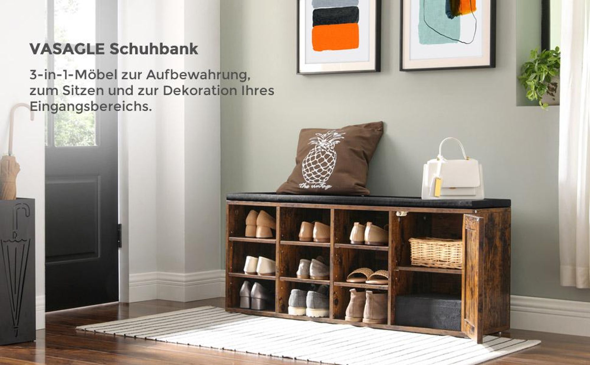 VASAGLE  Schuhschrank, Schuhbank, Schuhregal ,Aufbewahrungsschrank, mit 9 offenen Fächern und einem Schrank, mit Polsterung, 110 x 30 x 48 cm, rustikale Tür, vintagebraun LHS058X01