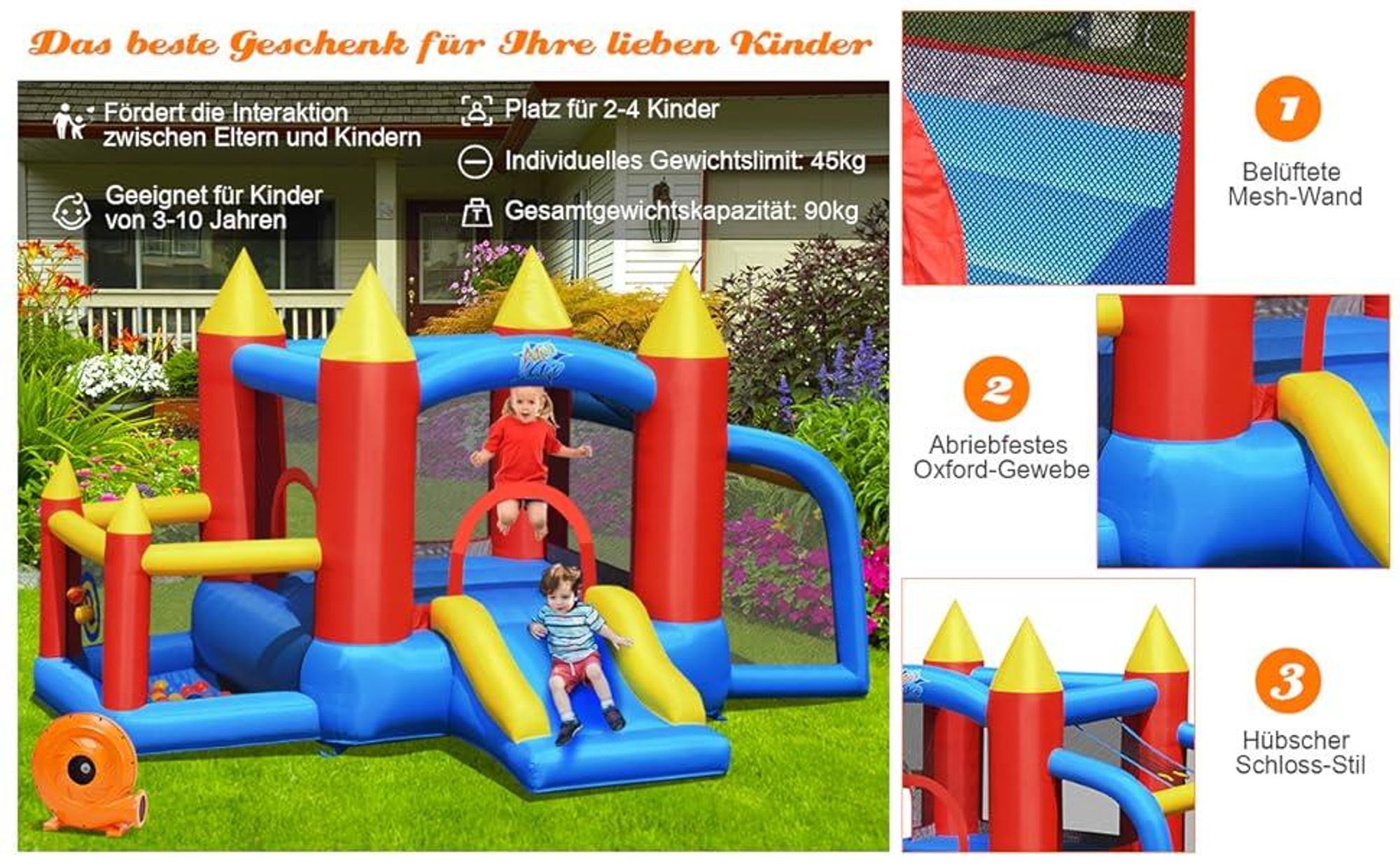 COSTWAY Hüpfburg + 450W Gebläse Springburg Hüpfschloss, Bouncer mit Rutsche, 60 Ozeanbälle, Fußballtor, 2 Dartpfeile, Tragetasche, 350x275x196cm