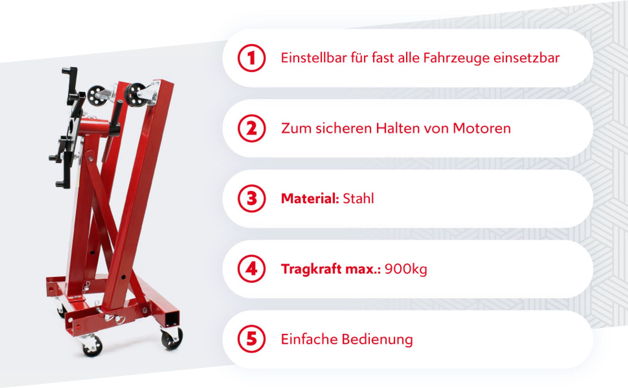 Wiltec Motorständer bis zu 900kg aus lackiertem Stahl mit Rollen Motorheber, Getriebeheber, Getriebehalter