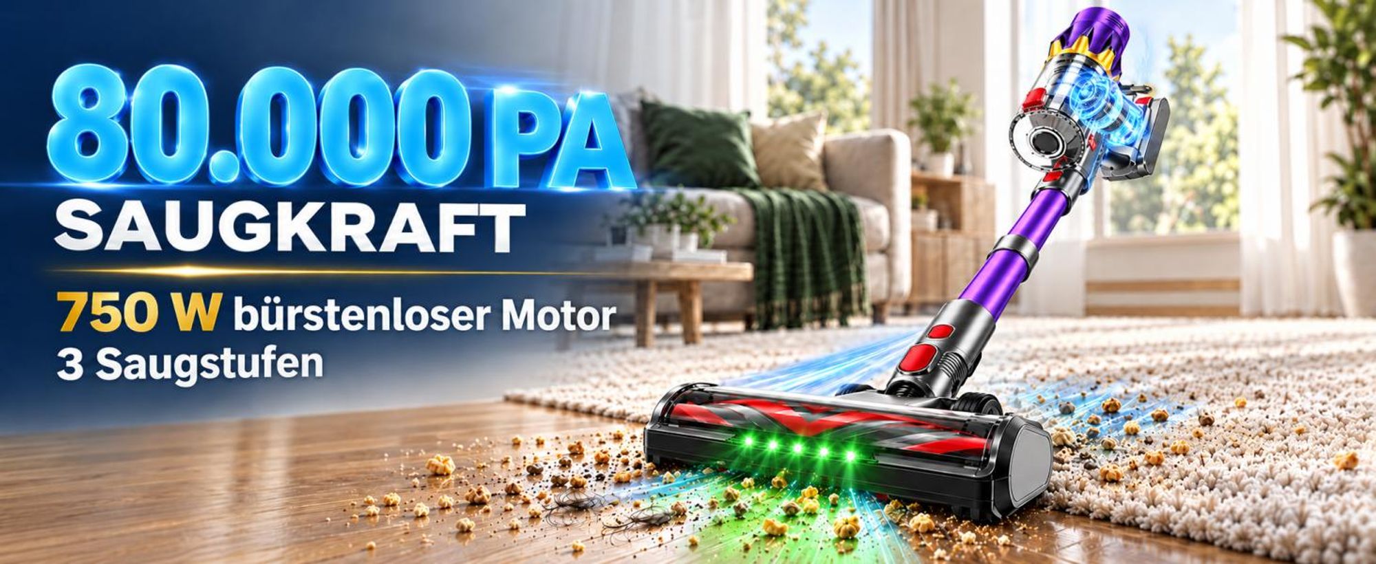 80000Pa Akku-Staubsauger 750W/80 Min., kabelloser Hand- und Stielstaubsauger, ultraleise, Smart-Display, leicht, Anti-Verwicklung für Tierhaare & Auto