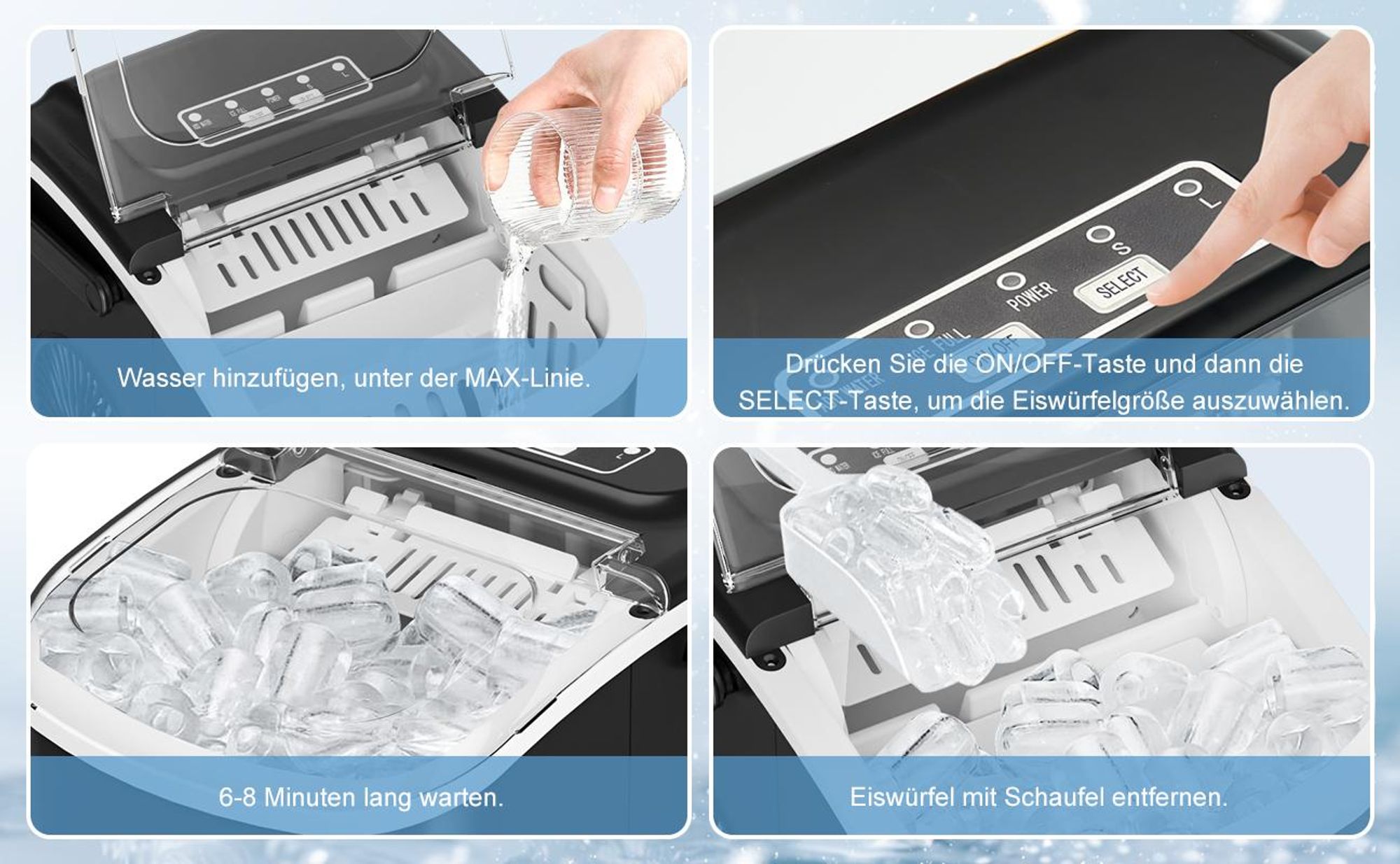Fatabeta Eiswürfelmaschine 1,2L Eiswürfelbereiter 2 Eisgrößen 9 Eiswürfel in 6 Min, 12kg/24h, LCD Display, leise Eiswürfel Maschine