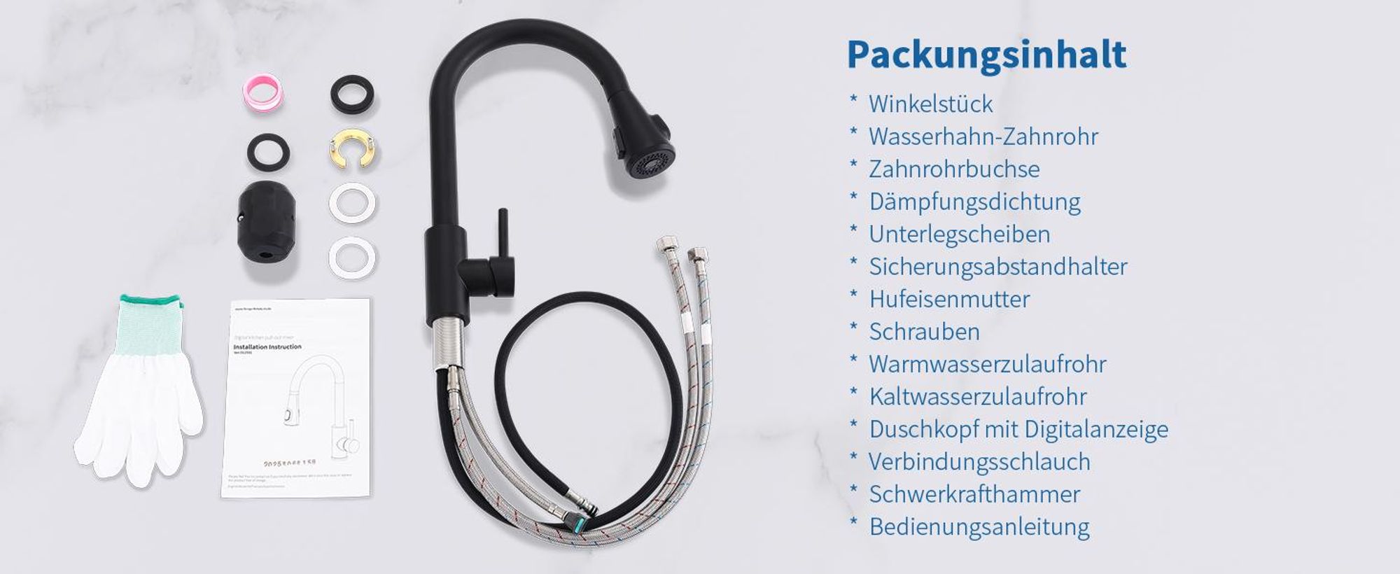 Homelody Wasserhahn Küche mit 2 Strahlarten,360° Drehbar Küchenarmatur,Edelstahl Spültischarmatur,Hochdruck Armatur,Mischbatterie Küche Schwarz