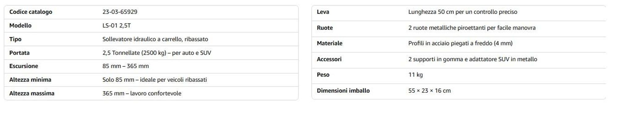 STIX LS-01, Cric idraulico, capacità 2,5 tonnellate, altezza da 85 a 365 mm, per auto, SUV, uso professionale