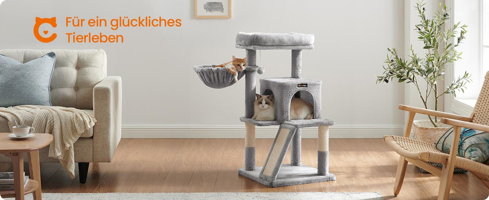 FEANDREA Kratzbaum 96cm mit Kuschelhöhle Kletterturm für Katzen Kratzbrett