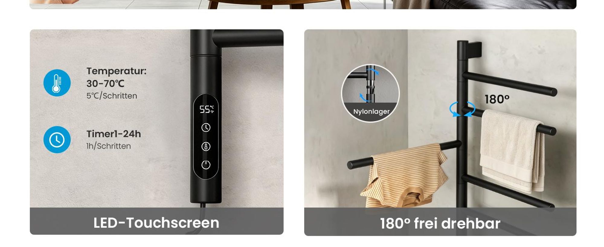 Heilmetz Elektrischer Handtuchheizkörper 78x45 cm Schwarz, Drehbar Handtuchtrockner mit WLAN App & Sprachsteuerung, Timer, 135W, Mit / Ohne heizstab