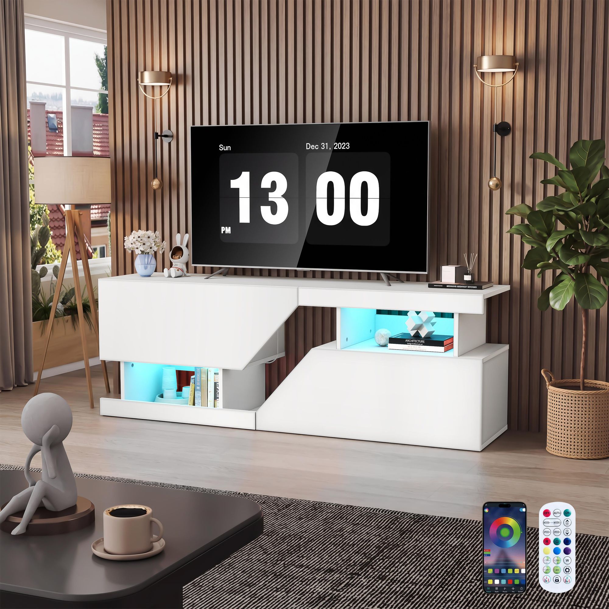 OYAJIA Lowboard TV-Schrank, Fernsehschrank mit RGB-LED und Stauraum für Fernseher bis 65 Zoll , TV-Schrank mit Mit 2 Türen, Regalen und viel Stauraum