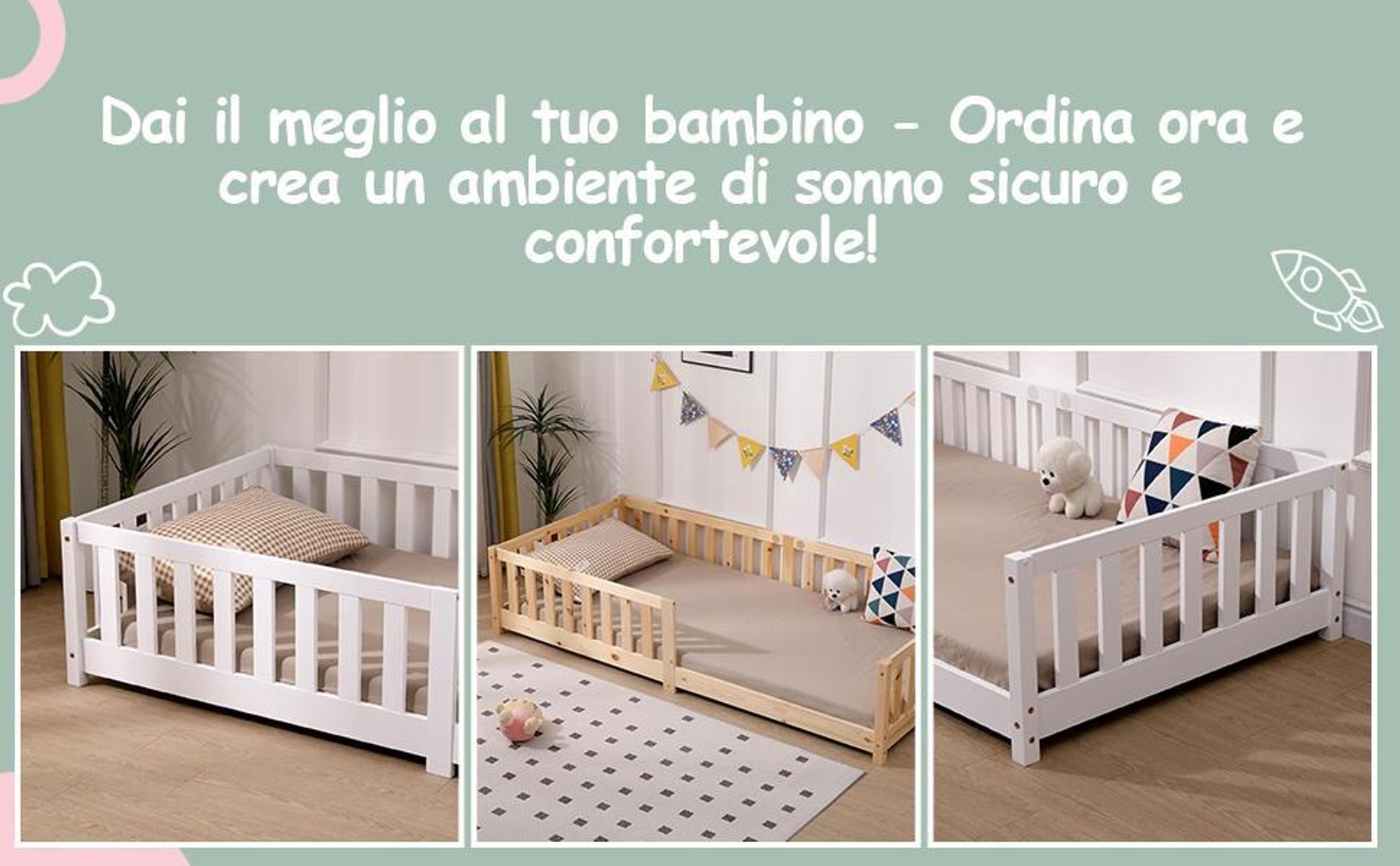 Letto per bambini 90 x 200 cm  in pino massiccio con protezione anticaduta e rete a doghe, letto Montessori in bianco naturale