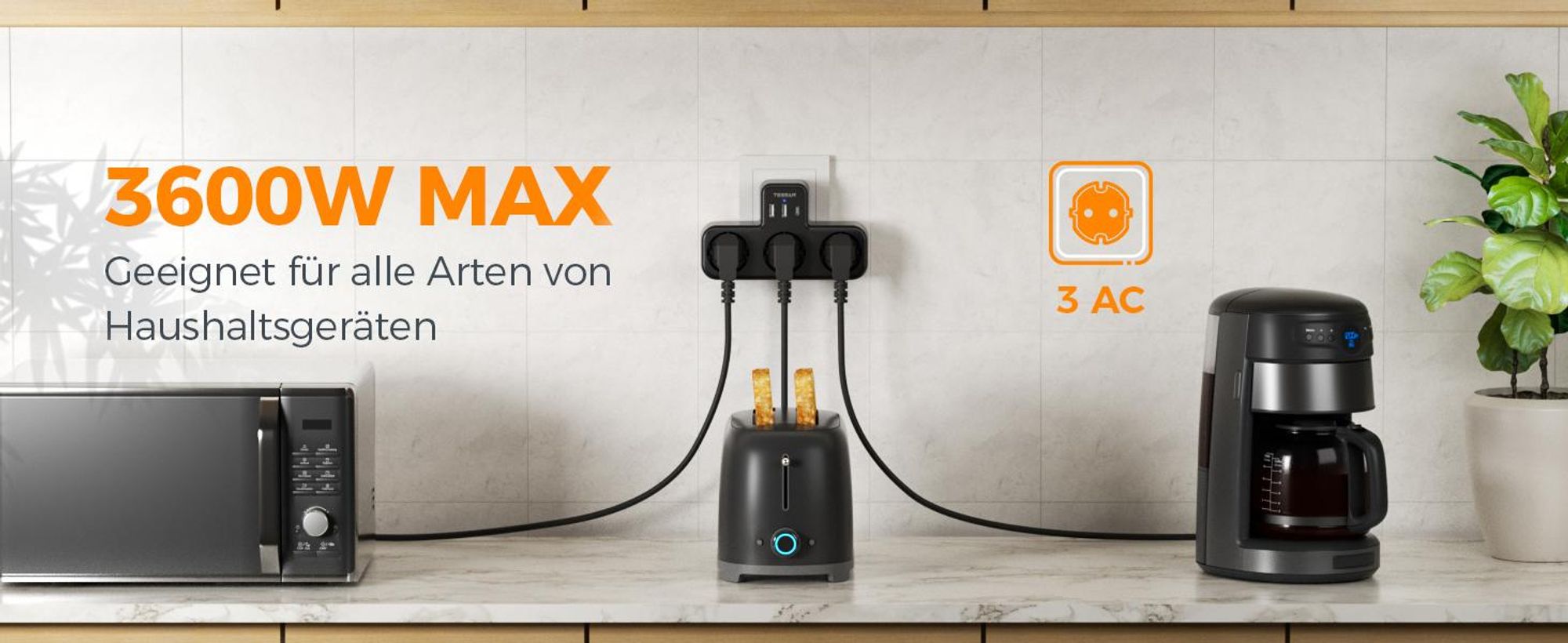 TESSAN Mehrfachstecker mit USB für Steckdose 3 Fach Steckdosenadapter mit 2 USB A und 1 USB C 3600W Mehrfachsteckdose Ladegerät Schwarz