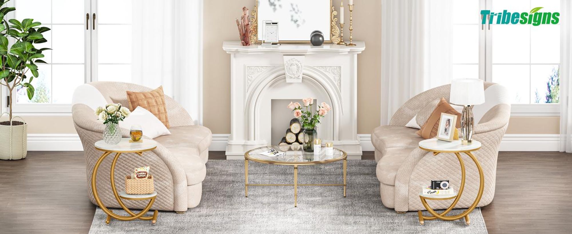 Tribesigns Beistelltisch aus Kunstmarmor, moderner 2-stöckiger runder Couchtisch mit C-förmigem Rahmen für Wohnzimmer, Schlafzimmer, Weiß/Gold