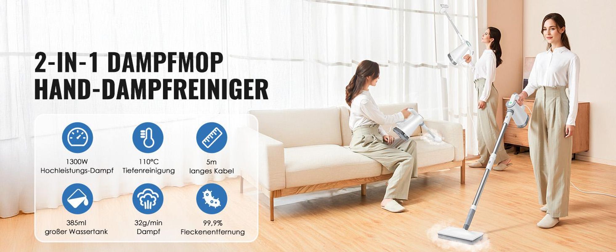 Dampfreiniger, Handdampfreiniger, 10-in-1 Dampfbesen, 15 s Aufheizzeit, 230°F Heißdampf, als Dampfmop mit Zubehör & 2 Pads, für Böden Teppiche Fenster