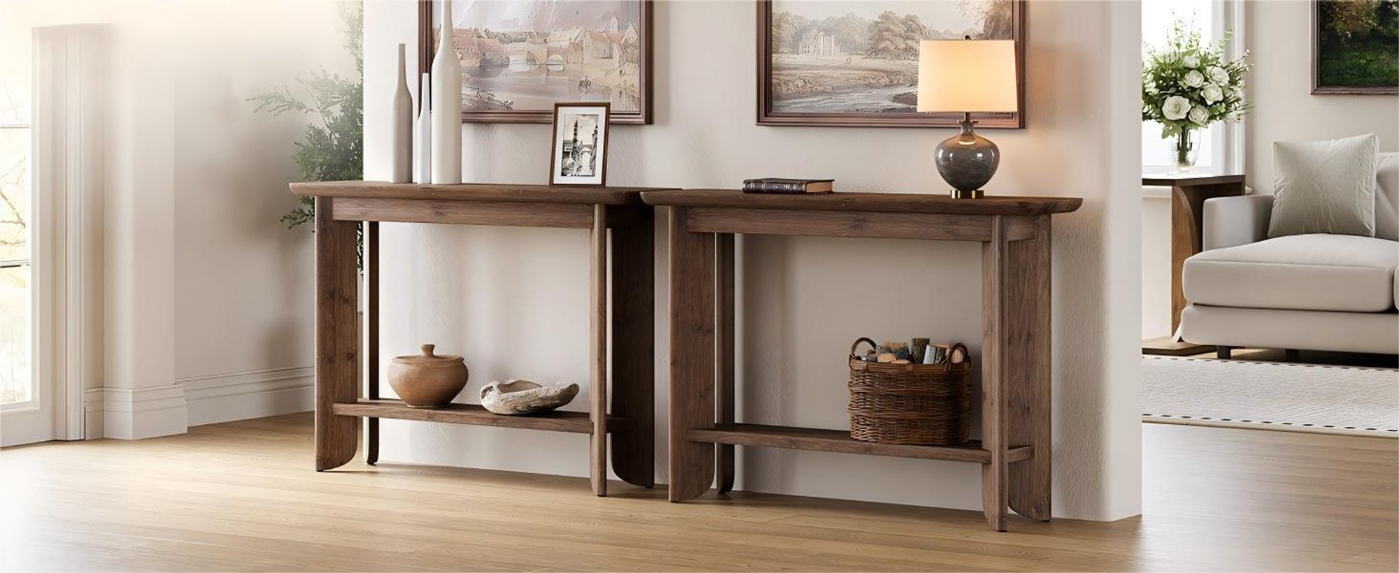 Konsolentisch, 105 cm, 2-stöckiger Eingangstisch, Sofatisch Stauraum, Beistelltisch, Flurtisch, Bauernhaus-Holz Flur, Eingangsbereich,Dunkle Walnuss