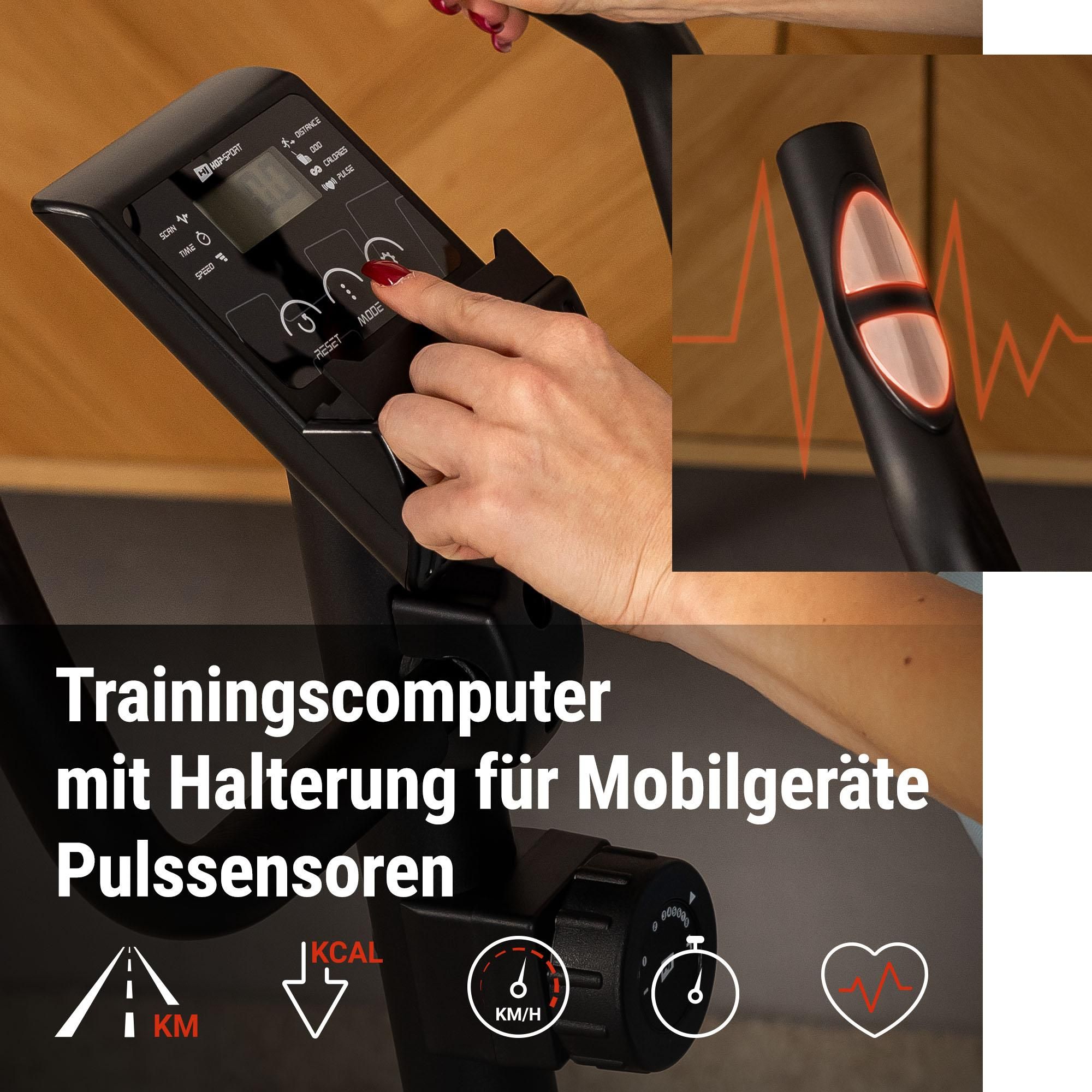 HOP SPORT® HS-015H Heimtrainer Fahrrad für Zuhause mit magnetischem Widerstandssystem, Pulsmessung, 8 Stufen, Hometrainer, Fitnessbike bis 120 kg, Rot