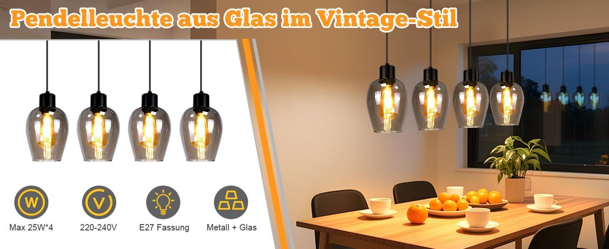 ZMH Pendelleuchte 4 Flammig Hängelampe Schwarz - Pendellampe E27 Vintage Hängeleuchte Glas für Esstisch Esszimmer Kücheninsel Hotel Wohnzimmer Ohne Lichtquelle