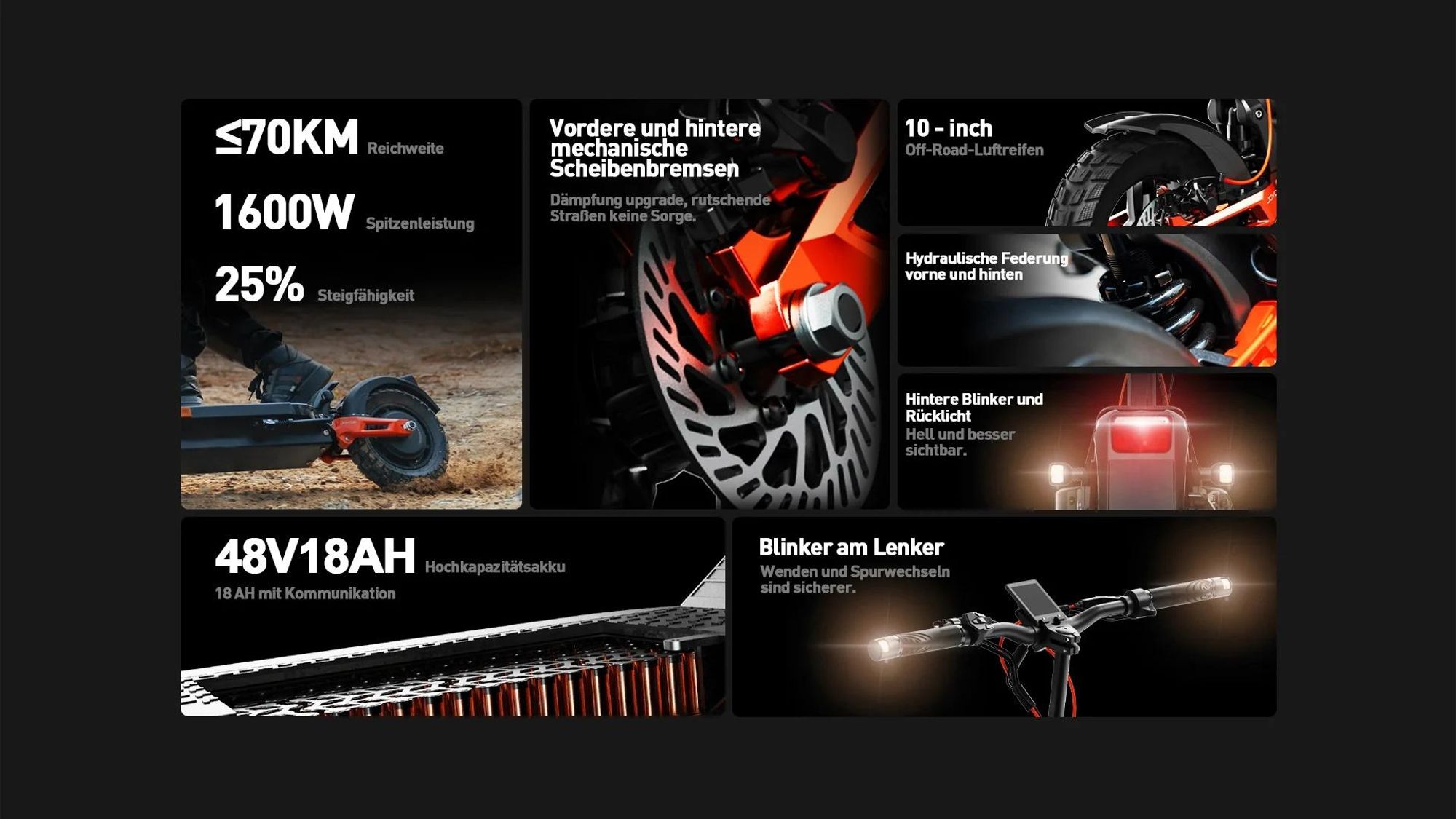 JOYOR T6E Elektroroller ABE- - 500W Motor 48V18AH Akku Faltbar 10" Offroad Reifen - Schwarz