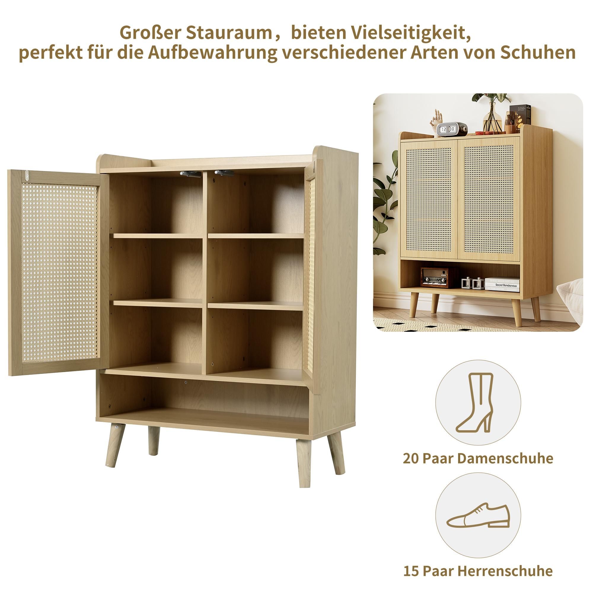 Merax Schuhschrank mit Rattantüren und Regalböden, Kommode Sideboard mit Holzgriffen und Massivholzbeinen, Rattan Wohnzimmerschränke, 80x105x35 cm