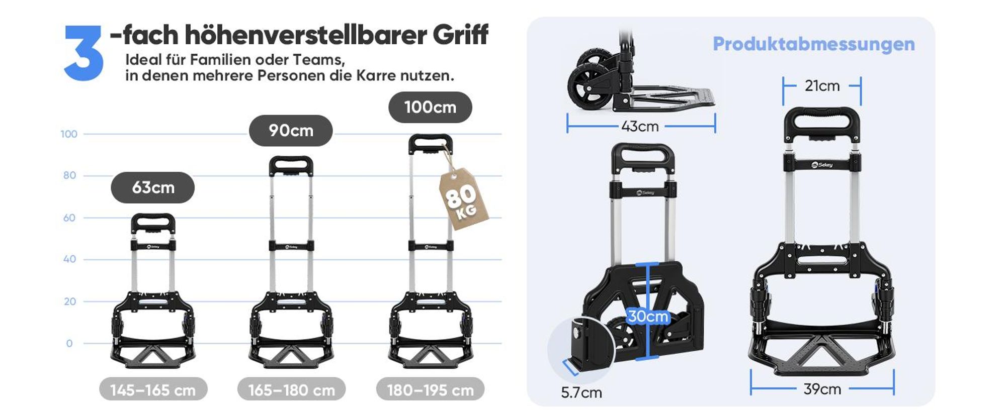 Sackkarre Alu Handwagen Transportkarre klappbar Handkarre bis 80 kg Tragfähigkeit 3-stufig höhenverstellbar Klappkarre Klappwagen in Sekunden faltbar