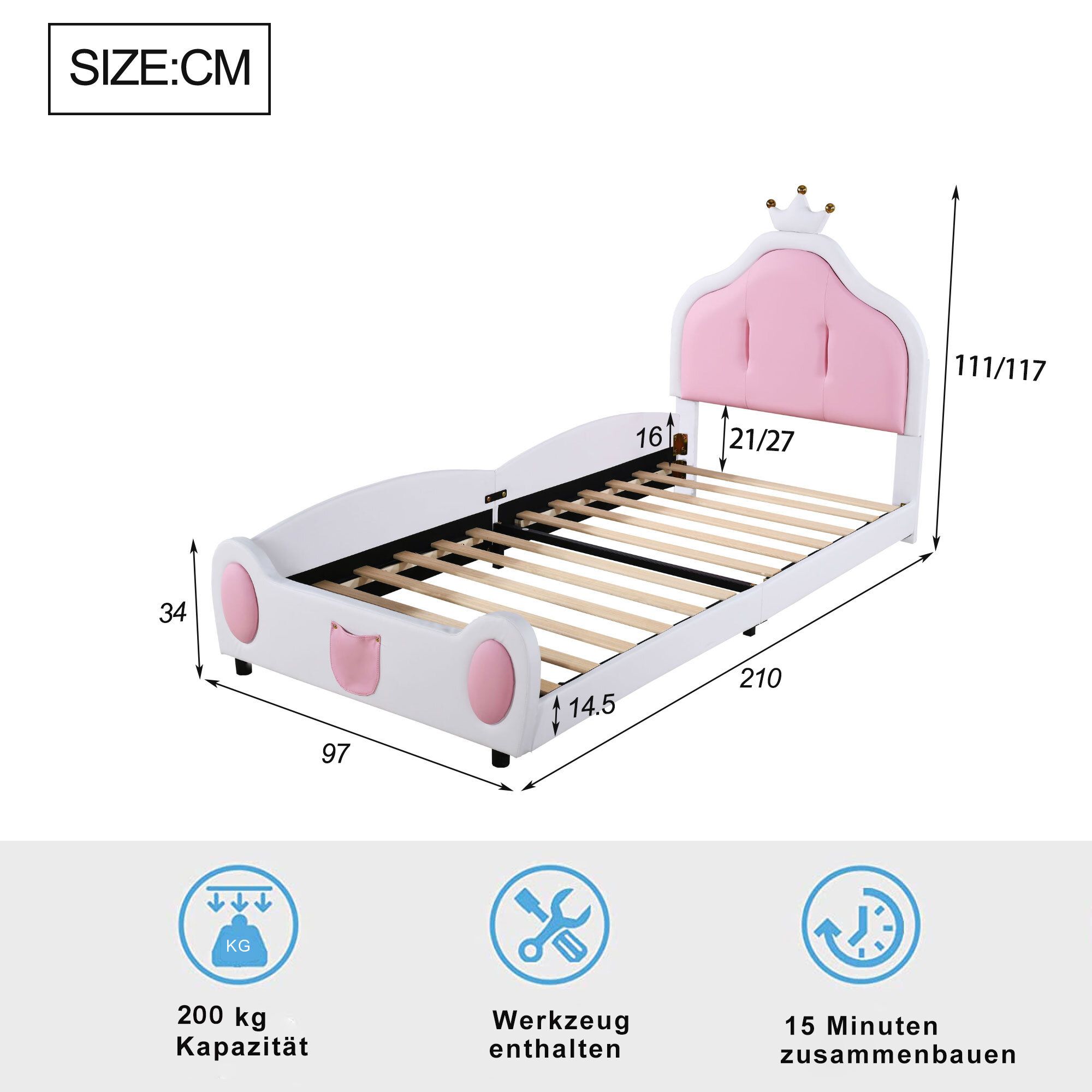 Flieks Kinderbett Polsterbett 90x200cm mit Kronenförmigem Kopfteil, Einzelbett Holzbett Sofabett mit Lattenrost, Bodenbett Schlafsofa, PU, Weiß