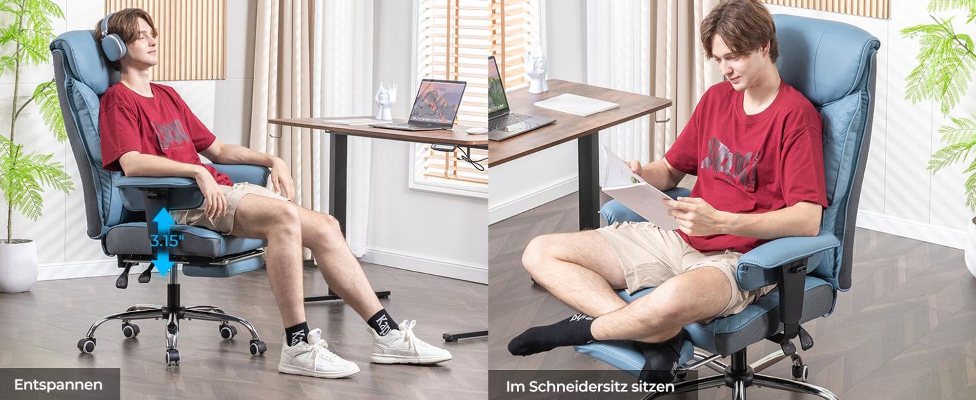 COMHOMA Gaming Stuhl für Große und Schwere Personen, ergonomischer Bürostuhl bis 180 kg, 3D Sitzkissen, verstellbar mit Fußstütze, Kunstleder, Hellblau