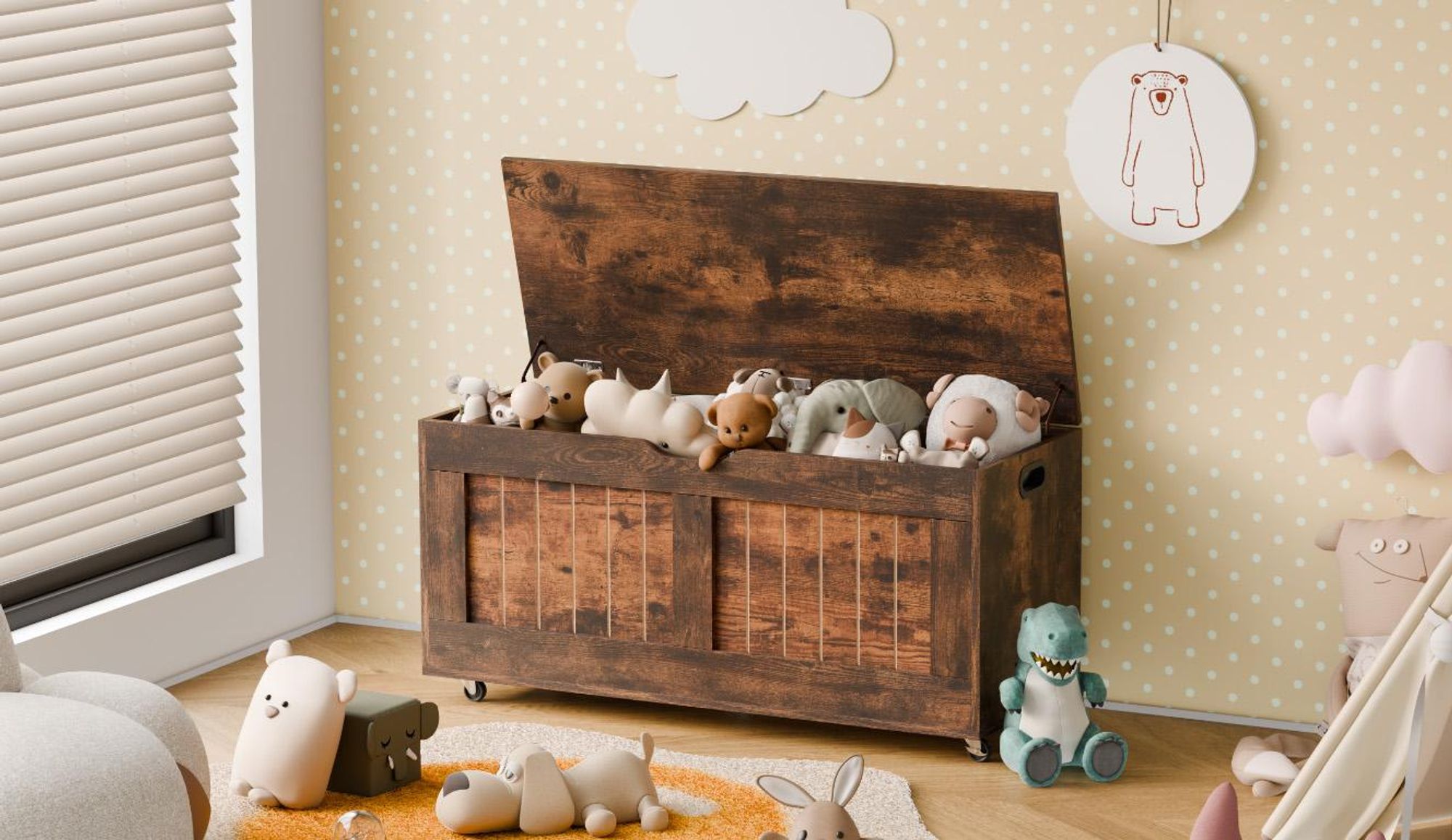 Mondeer Aufbewahrungsschrank, Aufbewahrungsbank mit 4 Rollen, Deckenbox im modernen Stil mit 2 Sicherheitsscharnieren, 100 x 49 x 40 cm, Braun