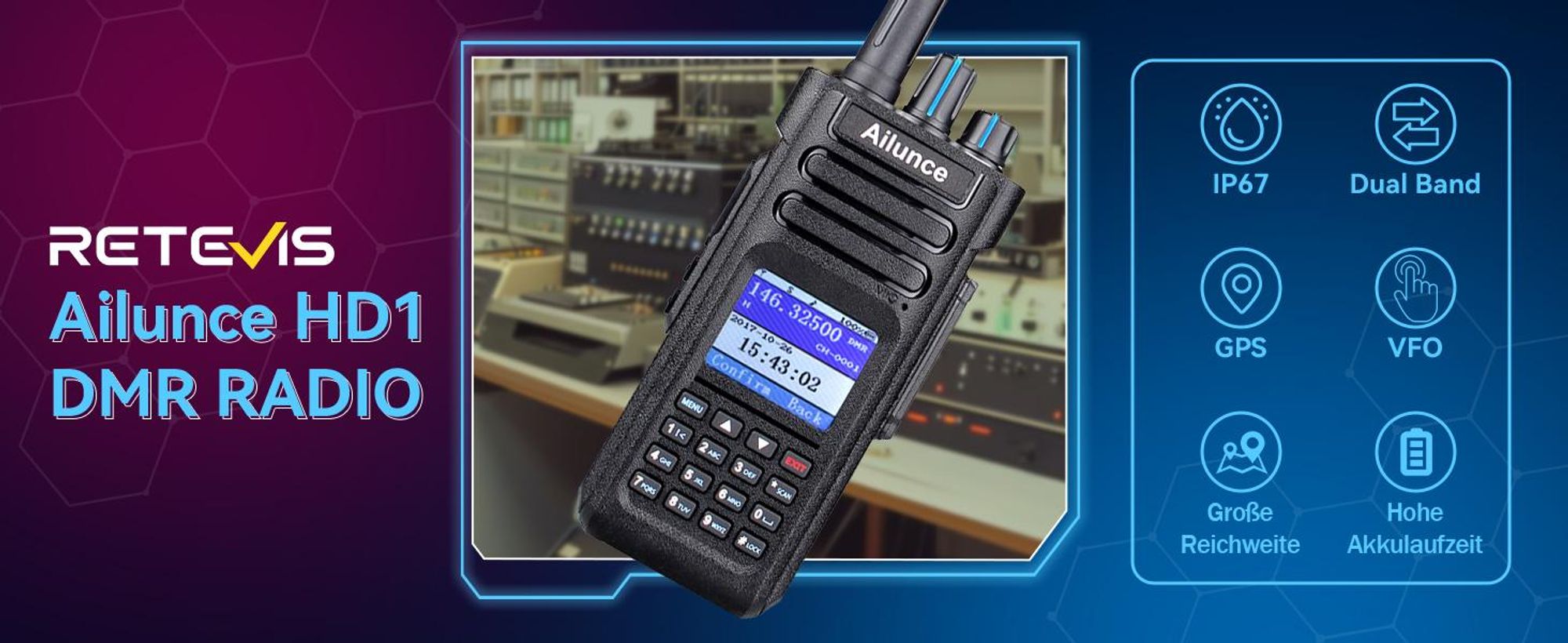 Retevis Ailunce HD1 Digitales Funkgerät, DMR Amateurfunk, GPS, Dual Band, 3200mAh, Type C, IP67 Wasserdicht, 16 Tasten DTMF