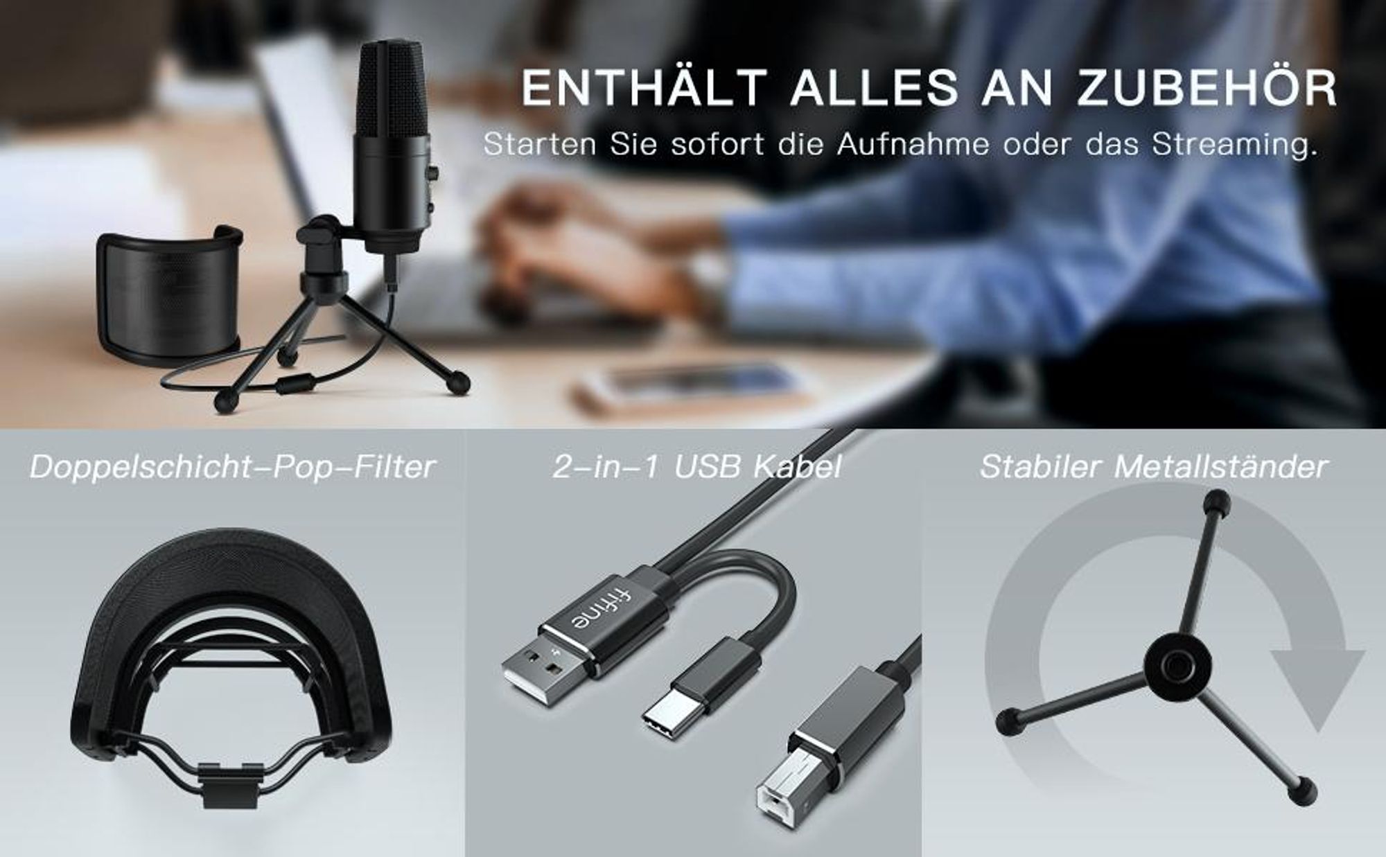 FIFINE Mikrofon PC Kondensator USB Microphone mit Ständer, Popfilter